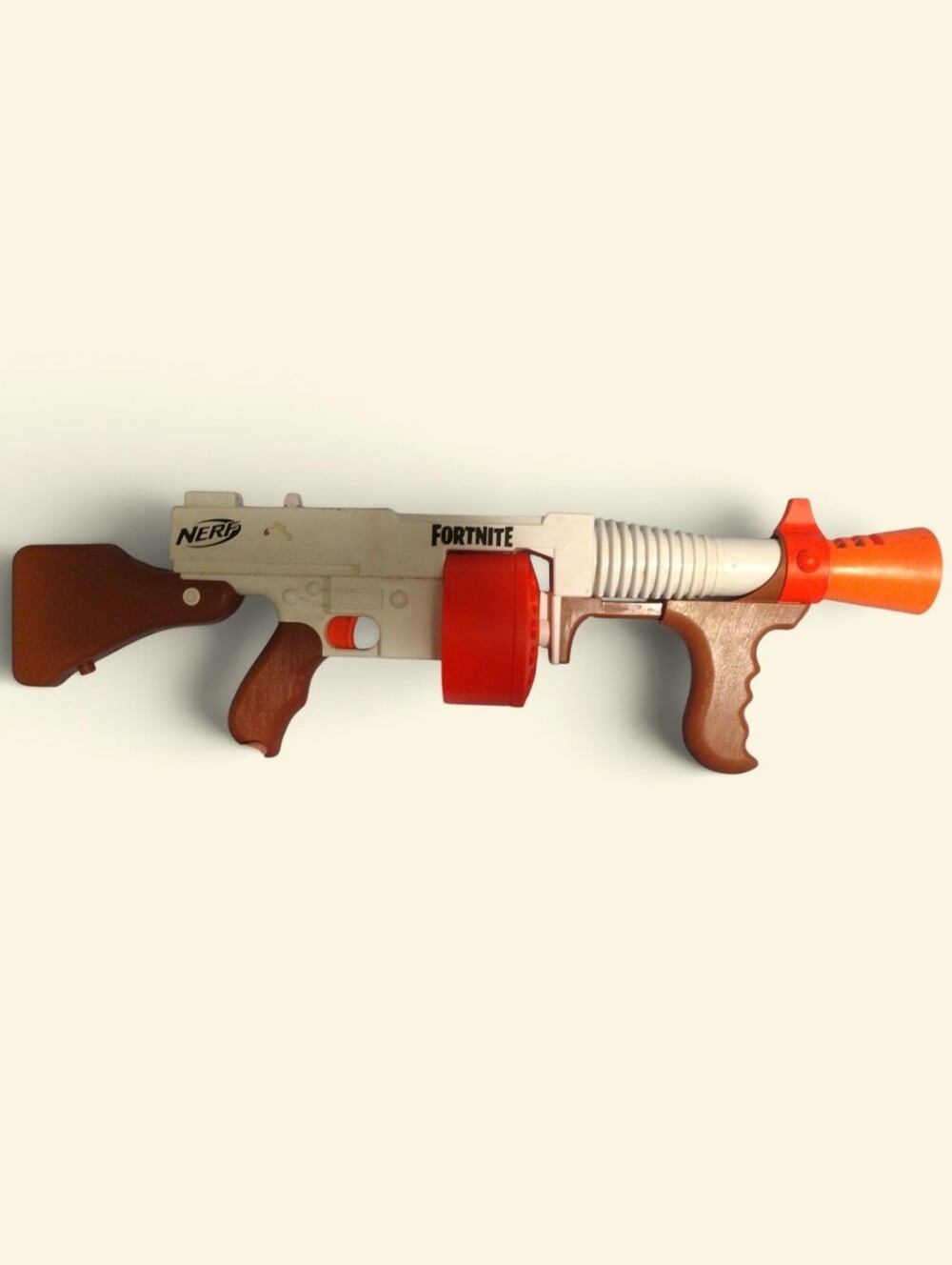 Nerf Fortnite White and Orange Dart Blaster with Brown Accents
